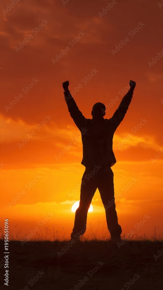 Fototapeta premium Silhouette of triumphant man with arms raised at sunset