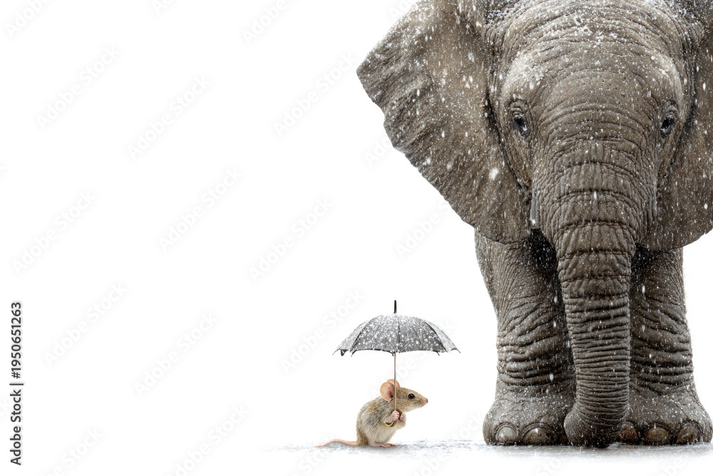 Fototapeta premium A mouse with an umbrella next to an elephant under the snow. Space for text.