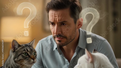 Male adult with light brown hair sits on sofa between two cats, pondering with question marks above, in a cozy living room setting with warm lighting and bookshelves