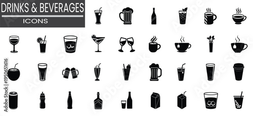 drinks and beverages silhouette icon featuring coffee tea cup, beer wine glass cocktail bottle soda liquid more vector illustration or editable stroke.