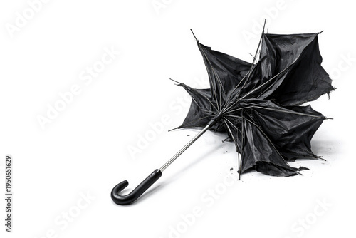 A broken black umbrella lies on a white background. Space for text.