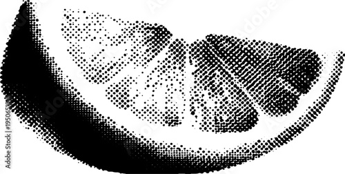Black and white halftone illustration of lemon slice for vintage design