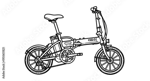 Detailed Line Art of a Compact Folding Electric Bicycle.