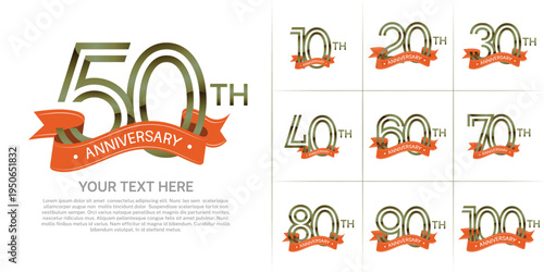 Anniversary logo set with double line number style. green color with orange ribbon can be use for special moment
