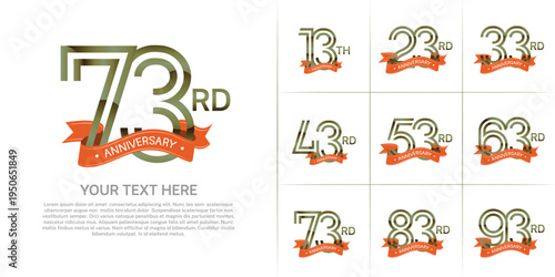 Anniversary logo set with double line number style. green color with orange ribbon can be use for special moment