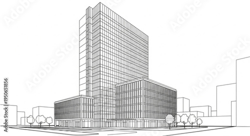 Architectural Sketch of a Modern High-Rise Building Complex.