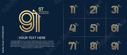 Anniversary logo set with double line number style. gold color with slash can be use for special moment