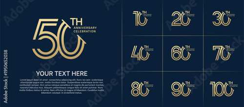 Anniversary logo set with double line number style. gold color with slash can be use for special moment