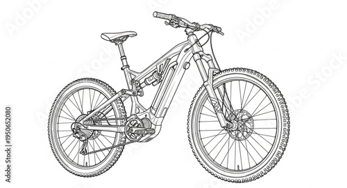 Detailed Line Art of a Modern Electric Mountain Bike.