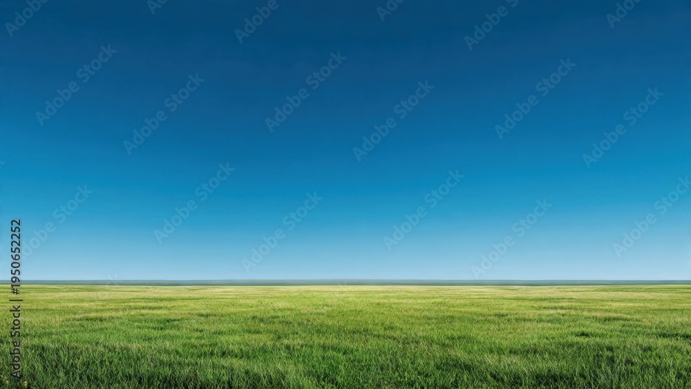 Fototapeta premium Vast Green Field Under Clear Blue Sky on a Sunny Day