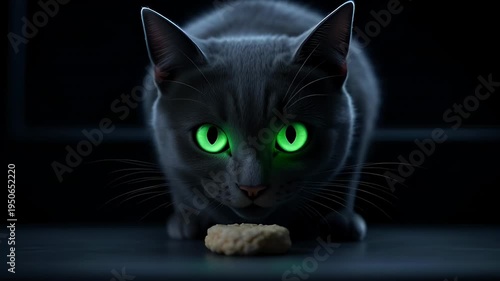 Cat with glowing green eyes sits in dark room, focused on treat on floor, preparing to pounce while maintaining a low posture and intense gaze