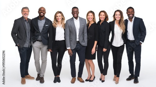 diverse business team smiling centered composition full body isolated on pure white background studio lighting no shadow under subject high detail sharp focus commercial product photography no enviro