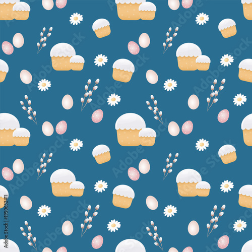 Seamless Easter pattern featuring traditional holiday cakes with white icing, pastel-colored eggs, pussy willow branches, and white daisies on a soft blue background. 