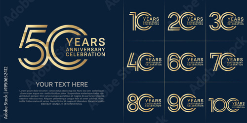 Anniversary logo set with double line number style. gold color can be use for special moment