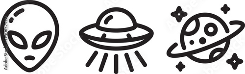 Vector line art icons of an alien head, a flying saucer with beams, and a planet with rings and sta