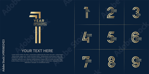 Anniversary logo set with double line number style. gold color can be use for special moment