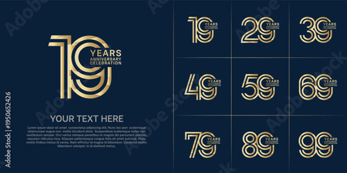 Anniversary logo set with double line number style. gold color can be use for special moment
