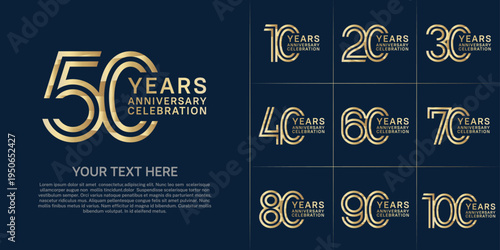 Anniversary logo set with double line number style. gold color can be use for special moment