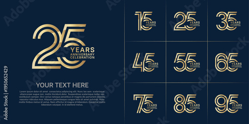Anniversary logo set with double line number style. gold color can be use for special moment