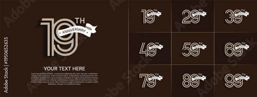 Anniversary logo set with double line number style. brown color with white ribbon can be use for special moment
