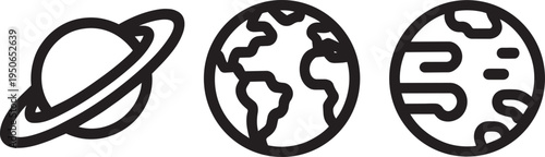 Line art illustration of three celestial bodies: a ringed planet, Earth, and a stylized planet with