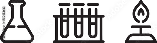Line art symbols of laboratory equipment including flask, test tubes, and burner