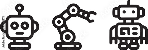 Simple line art illustrations of three different robot figures and an industrial robotic arm.