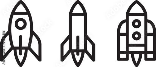 Three distinct line art rocket ship illustrations with varying fin and window details