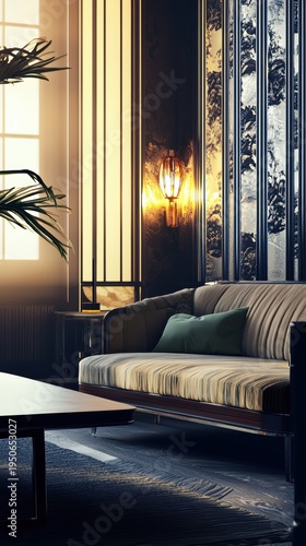 Bright cozy ambiance. Chic space with relaxing features. Elegant environment with tranquil lighting and decor. Serene setting featuring illuminated furniture and soothing details