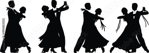 Silhouette of four people dancing together in a line