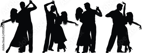 Silhouette of dancing couples in various poses