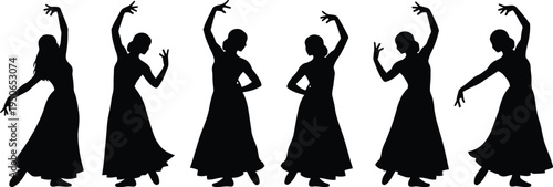 Silhouette of six dancing women in various poses