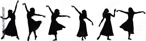 Silhouette of six dancing women in various poses with props