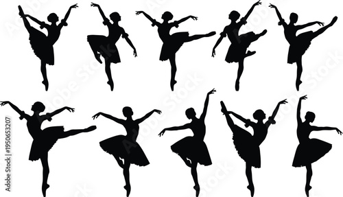 Silhouette of multiple ballet dancers in various poses