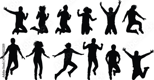 Collection of black silhouettes of people jumping and celebrating