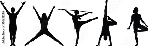 Yoga poses silhouettes in various dynamic and static positions