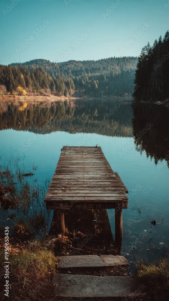 Fototapeta premium Wooden Dock Stretching into Serene Forest Lake