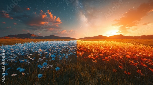Colors change slowly. Sunset creates shifting evening hues. Gradual transition from sunset to dusk colors. Colors seamlessly evolve from sunset shades into evening tones