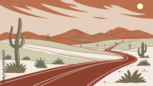 Stylized desert landscape vector with winding highway, cactus plants, and distant mountains. Ideal for travel themes, road trip concepts, desert scenery, adventure posters, and outdoor landscape