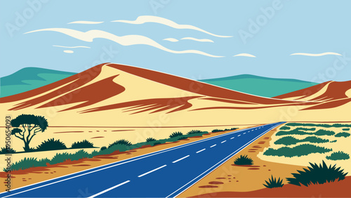 Bright vector illustration of a road crossing a desert valley with mountains and blue sky. Perfect for travel design, road trip adventure themes, scenic landscape backgrounds, and tourism graphics.