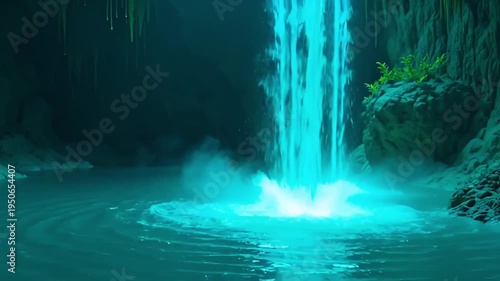 Waterfall cascading into turquoise lagoon in a natural cave  