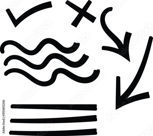 A collection of abstract black line symbols and arrows on a white background