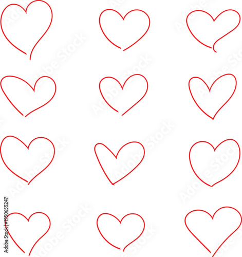 A collection of 12 hand drawn hearts in pink and red on a white background