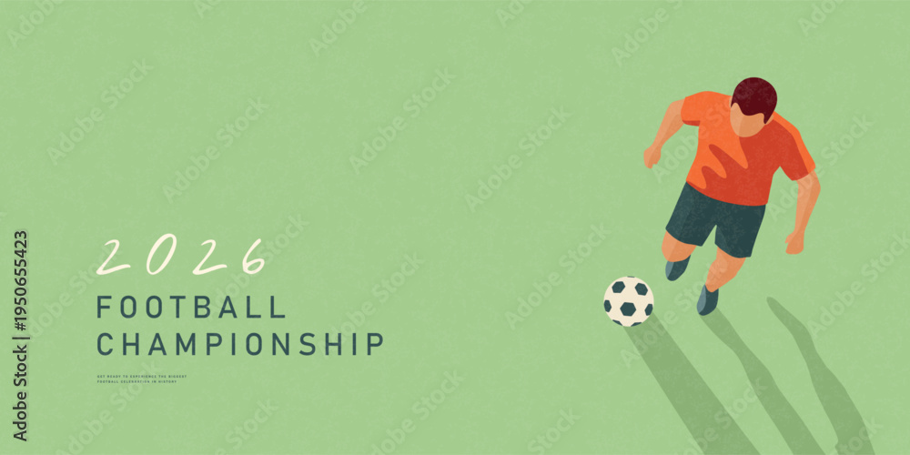 Fototapeta premium Horizontal banner design for football championship featuring a soccer player in a modern flat style with grainy texture, ideal for commercial marketing and sports advertising, vector illustration.