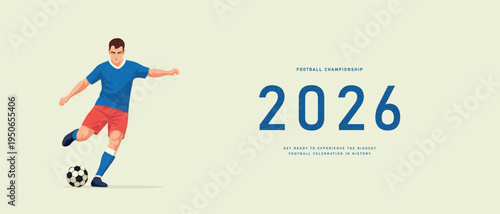 Horizontal banner design for football championship featuring a soccer player in a modern flat style with grainy texture, ideal for commercial marketing and sports advertising, vector illustration.
