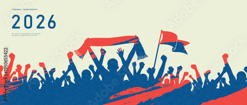 Football championship celebration banner featuring silhouettes of cheering fans with flags and scarves, minimalist sport atmosphere, vector illustration.