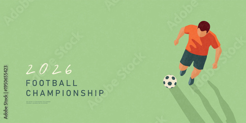 Horizontal banner design for football championship featuring a soccer player in a modern flat style with grainy texture, ideal for commercial marketing and sports advertising, vector illustration.