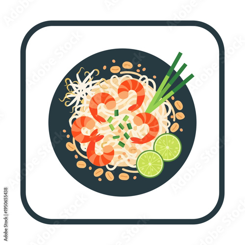 Delicious Flat Design Icon of Authentic Thai Stir-Fried Noodles with Shrimp, Peanuts, and Lime