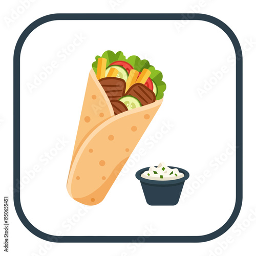 Delicious doner kebab wrap with fresh vegetables and creamy dipping sauce, a tasty fast food meal icon