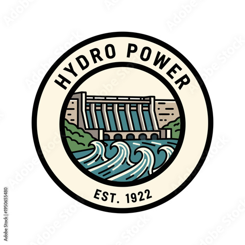 Vintage Hydro Power logo featuring a classic dam structure with flowing waves, indicating established power generation on a light cream background.